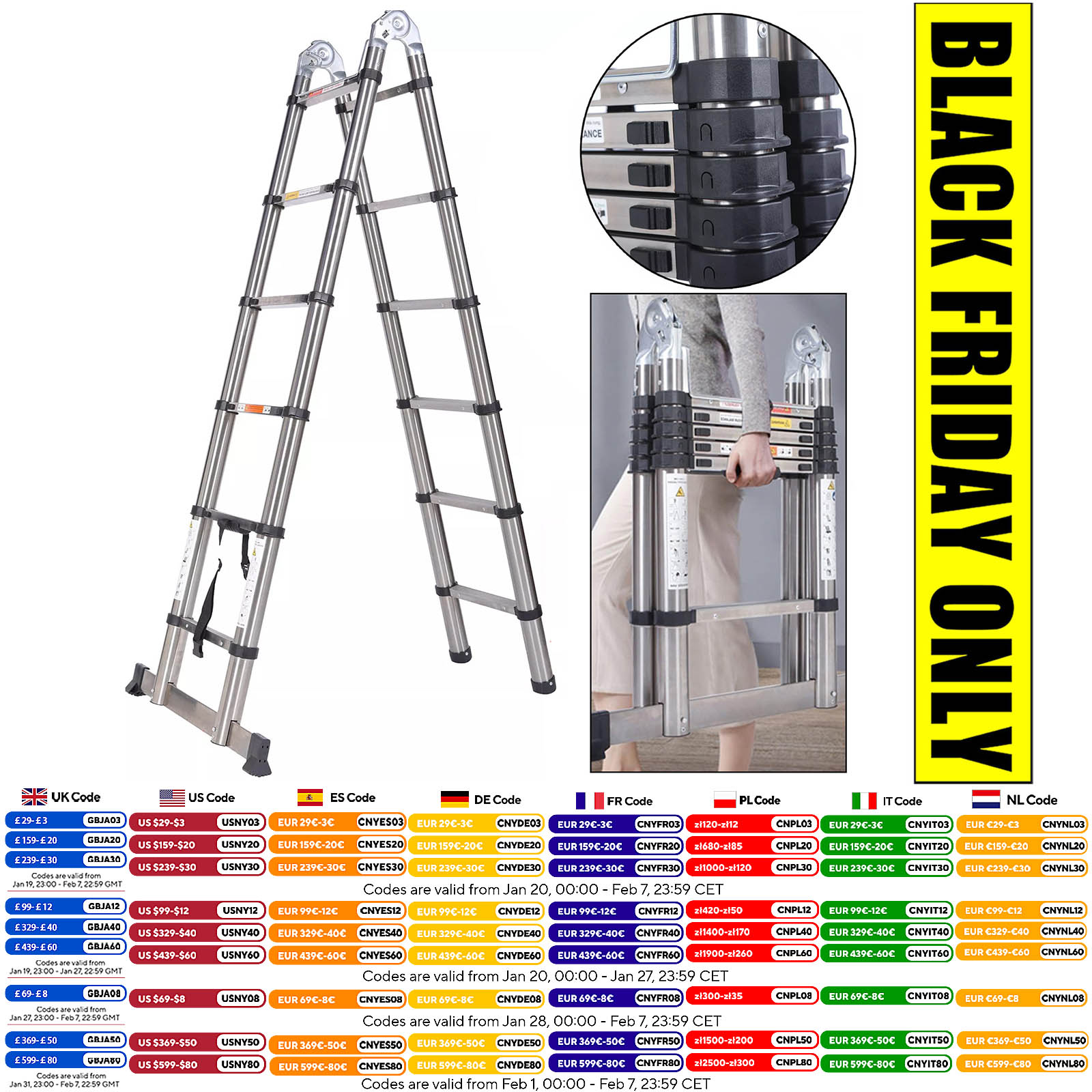 DayPlus – échelle télescopique pliante en acier de 12.5 pieds, 1.9M + 1.9M, cadre en A polyvalent, échelle de Loft robuste avec stabilisateur, outil domestique