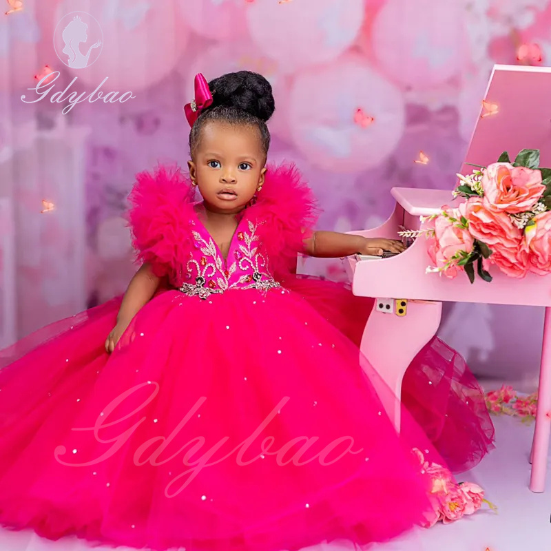 Customized Rose Pink Flower Girl Dress For Wedding Applique Puffy Sleeveless Baby Kids Birthday Party First Communion Gowns