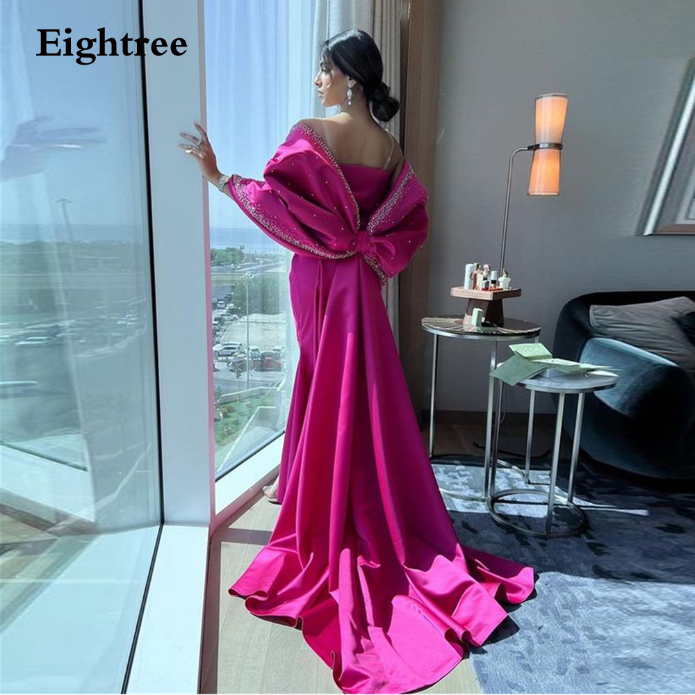Eighree Fuchsia ซาอุดีอาระเบียชุดราตรีคราบสปาเก็ตตี้สายรัด Glitter Robes De Soirée ชุดราตรียาวอย่างเป็นทางการที่กําหนดเอง