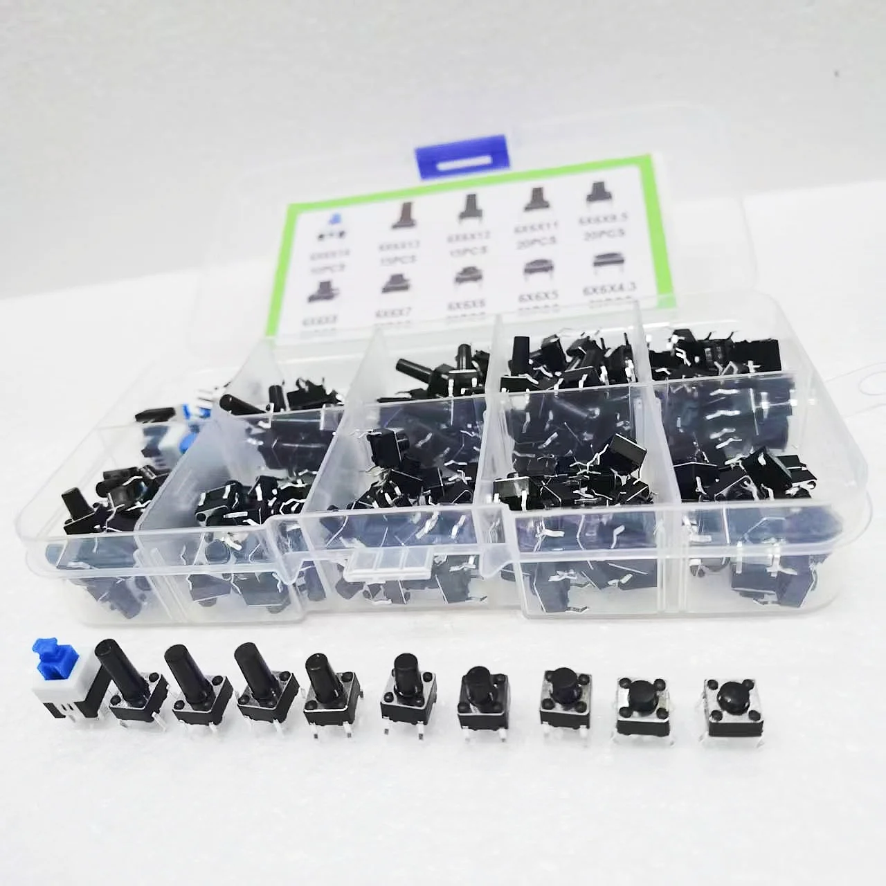 10 Arten von 180 Stück Knopfschalter, direkter Einsatz, Licht-Touch-Schalter, Knopfschalter, Klassifizierungsbox-Kit