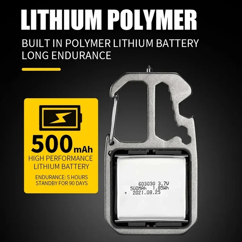 Tragbare Mini-LED-Schlüsselanhänger-Taschenlampe, eingebauter 500-mAh-Akku, Typ-C-Aufladung, Outdoor, Camping, Notfall, Sicherheitshammer, Arbeitslampe