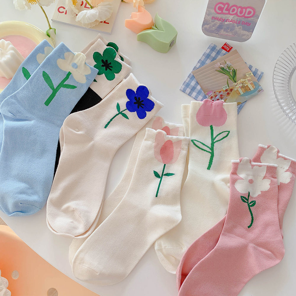 5 pares de calcetines de tubo medio para mujer Harajuku Retro Floral Vintage novedad elegante étnico Kawaii lindo Casual transpirable señoras niñas
