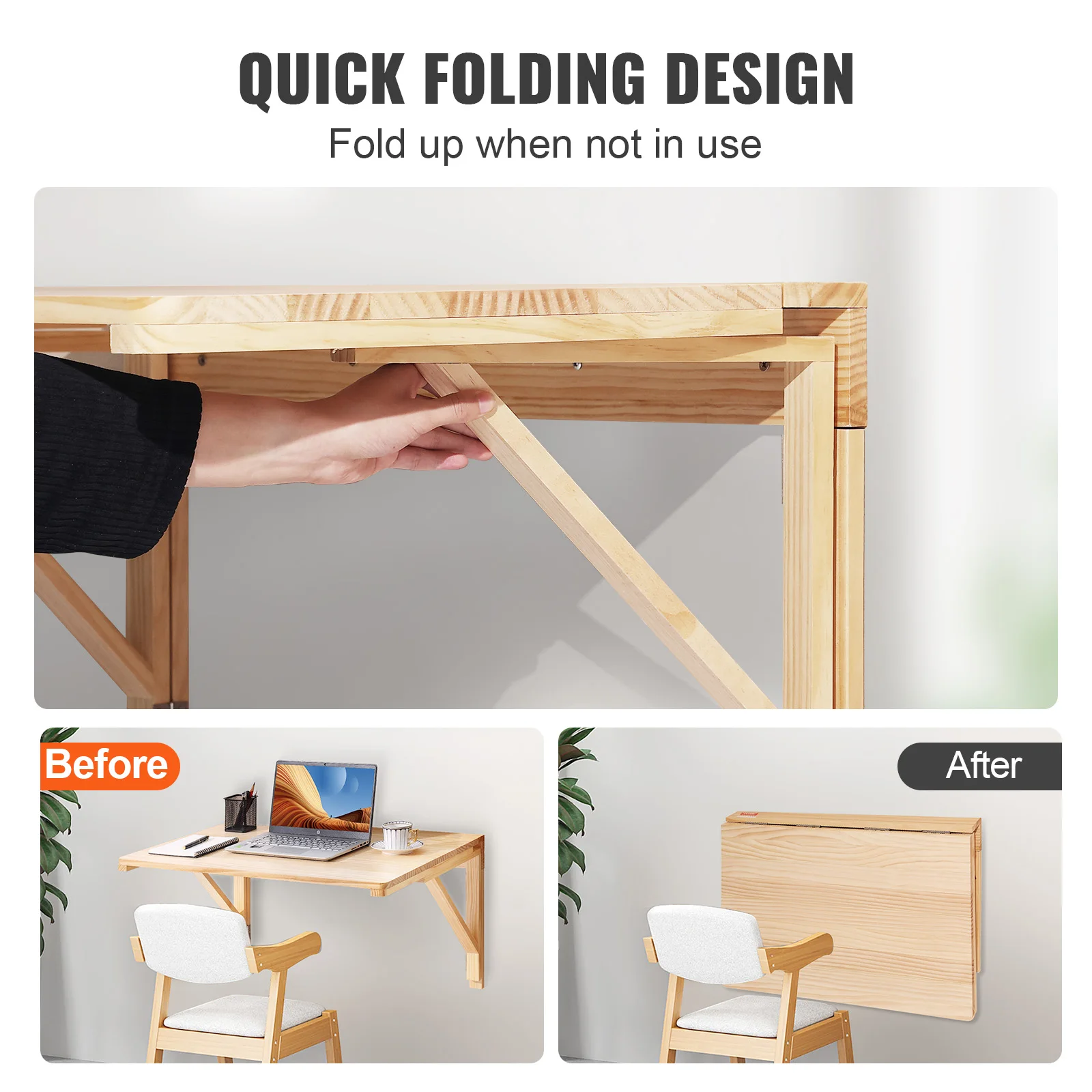 VEVOR Wall Mounted Folding Table Wall Mount Drop Leaf Table with Carbon Steel Bracket Wooden Desk for Dining Laundry Room Office