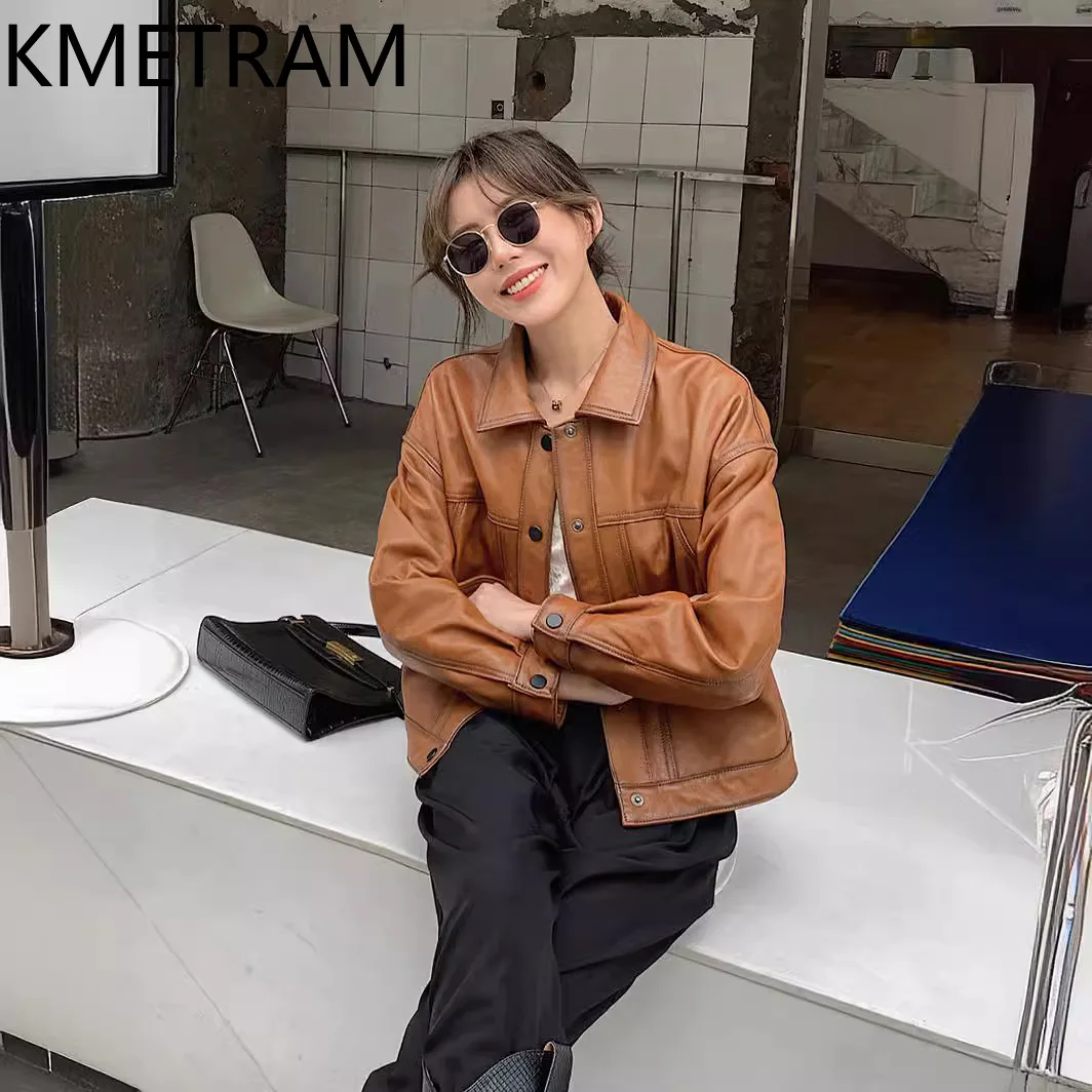 女性用本革ジャケット,シープスキン100%,ヴィンテージブラウンバイクアウター,秋冬服,2024, 2023