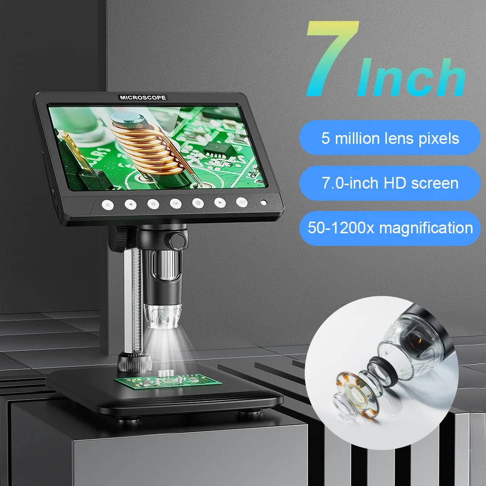 Microscopio Digital de monedas IPS de 7 pulgadas, lupa de 5MP 50X-1200X con soporte, microscopio de vídeo de soldadura para reparación electrónica, 8 LED