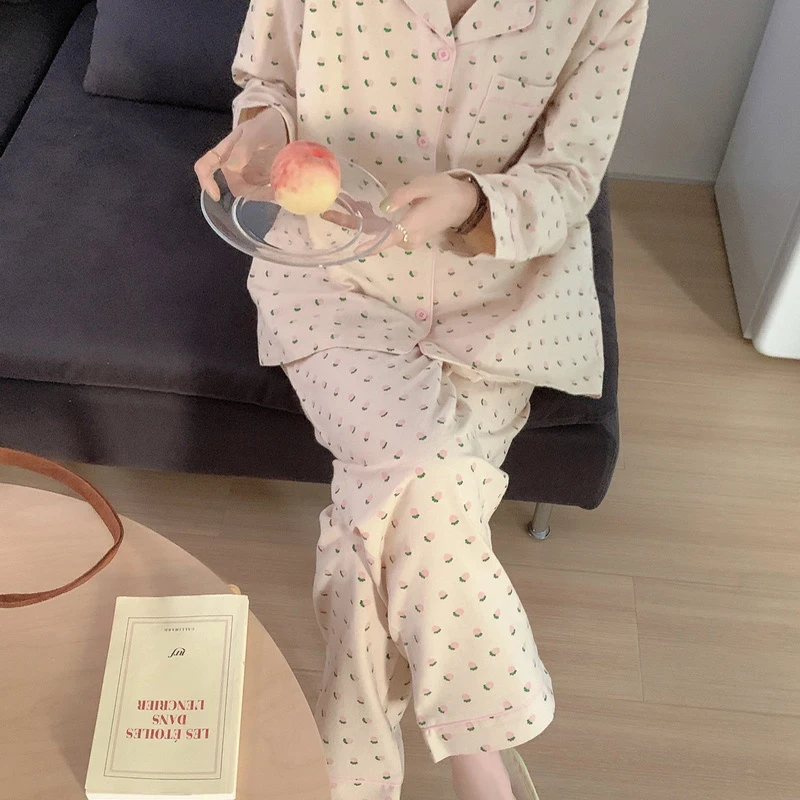 2024 ชุดนอนชุดนอนเกาหลีผู้หญิงฤดูร้อนน่ารักพิมพ์ชุดนอนแขนยาว Pijama หญิงชุด Negligee เสื้อสเวตเตอร์ถัก