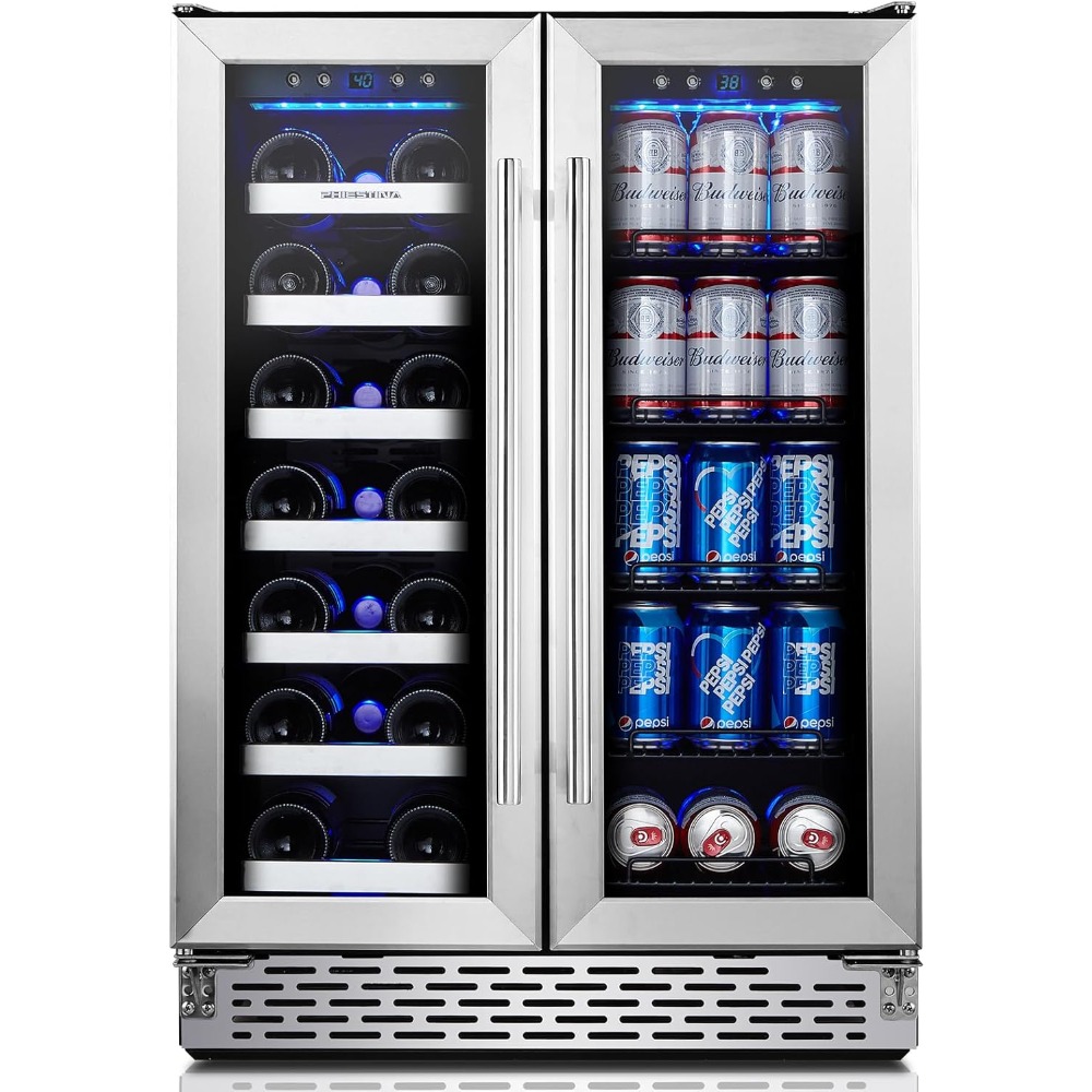 Wine and Beverage Refrigerator,24’’ Wine Cooler- 20 Bottles&78 Cans, Built-in/Freestanding Dual Zone Wine Fridge with Glass Door