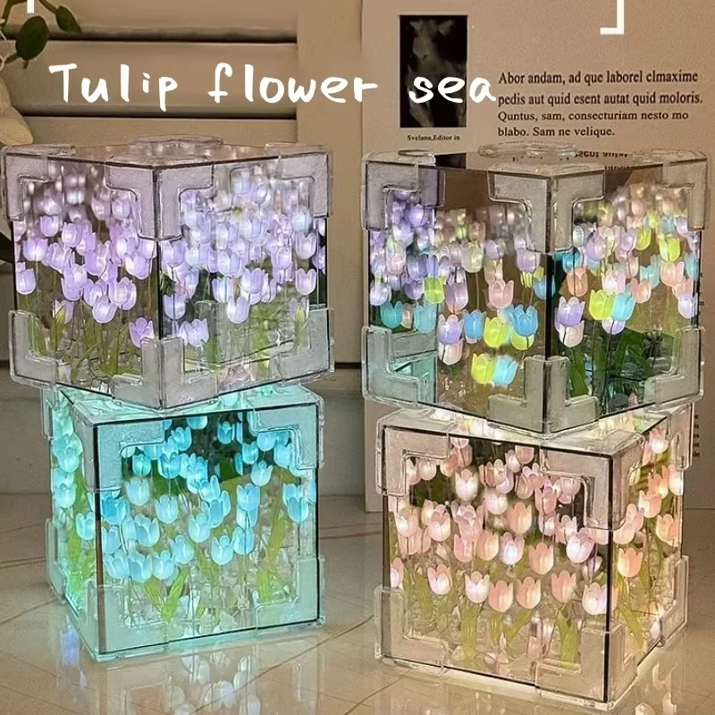 Creative DIY ดอกทิวลิปดอกไม้ Sea Cube สามมิติโคมไฟกลางคืนขนาดเล็กวัสดุสําหรับแฟนคู่แฟนของขวัญ