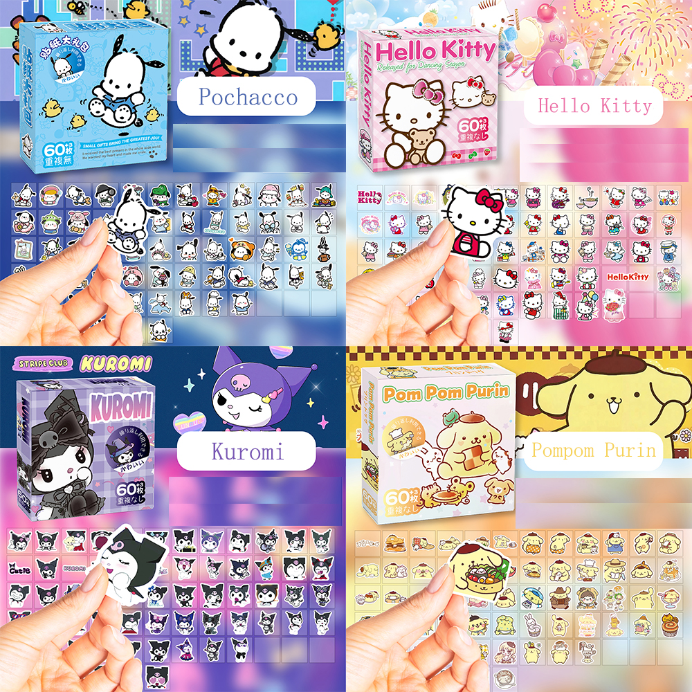 60PCS Sanrio Adesivi Kawaii Ragazze Hello Kitty Kuromi Pochacco My Melody Cartoon Decalcomanie fai da te Decorazione carina Adesivo per bambini Giocattolo
