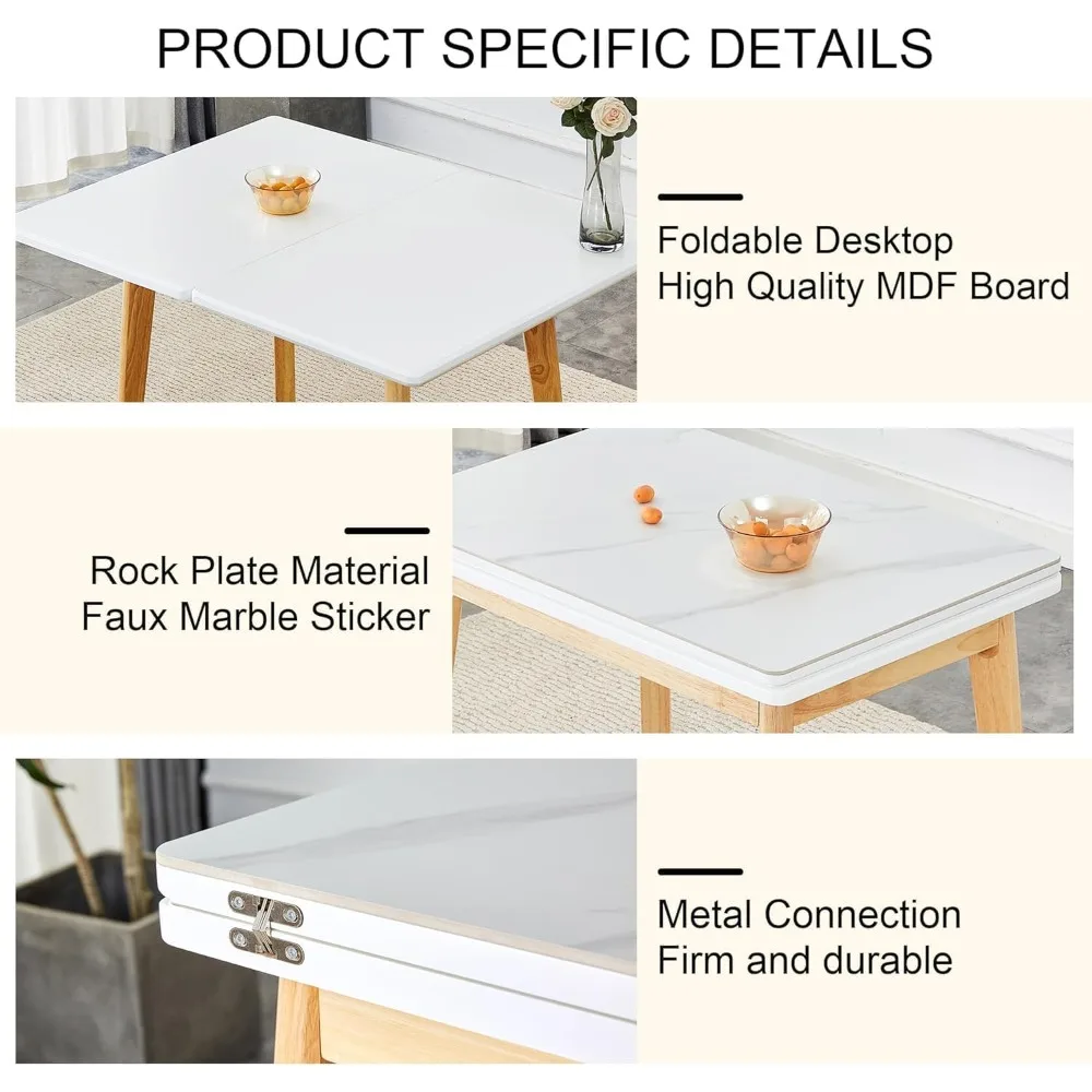 5 Piece Dining Table Set,Folding Dining Table with Chairs Set,35.4-47.2" Small Kitchen Table Set for 4,Marble Dining