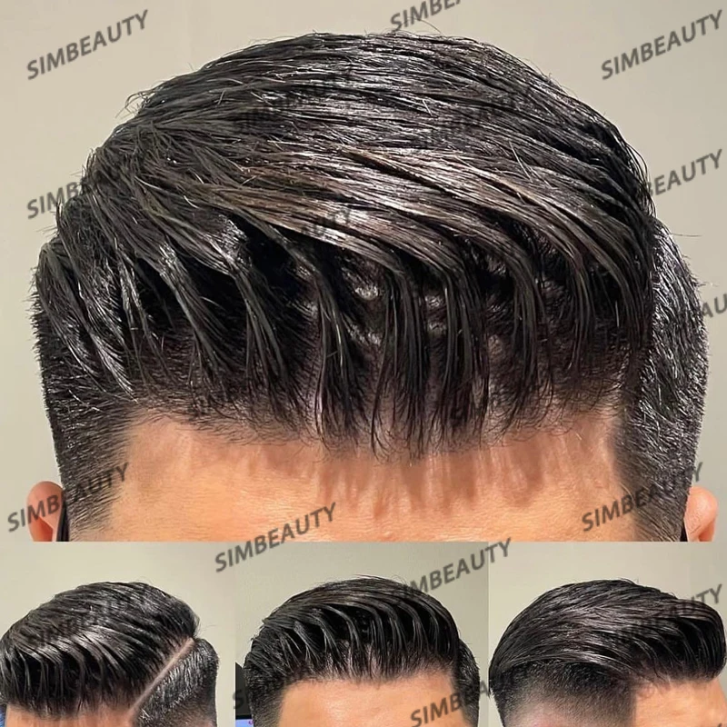 100% มนุษย์ผมผู้ชาย Toupee เส้นผมธรรมชาติผิว PU ฐานทนทานบาง 0.1 มม.ชายวิกผมเปลี่ยนหน่วย Capillary Prosthesis