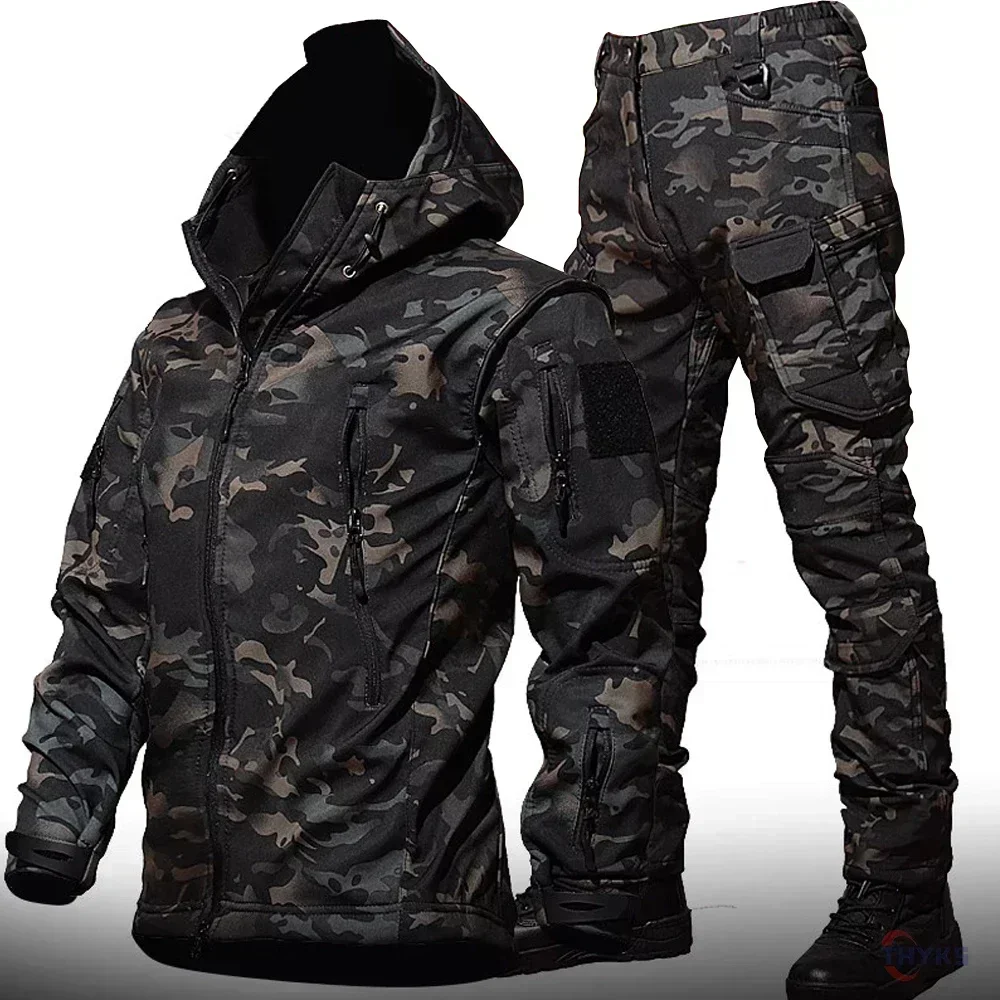 6XL TAD taktyczne mężczyźni polowanie piesze wycieczki wędkarstwo odkryj ubrania garnitur kamuflaż skóra rekina polowanie wodoodporna kurtka z kapturem + spodnie