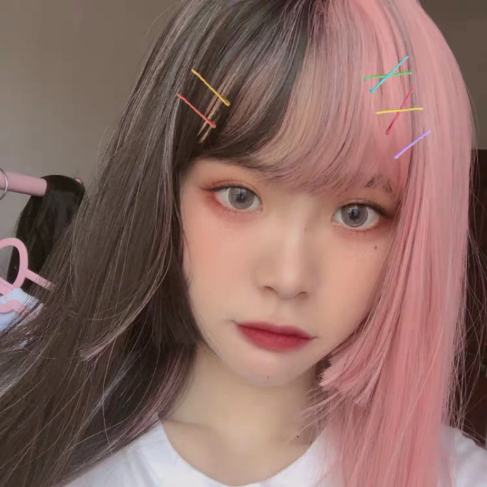 Lange Rechte Cosplay Synthetische Pruik Vrouwen Kostuum Partij Zwart roze Ombre Hittebestendige Synthetische Haar Pruiken Prinses snijdt pony