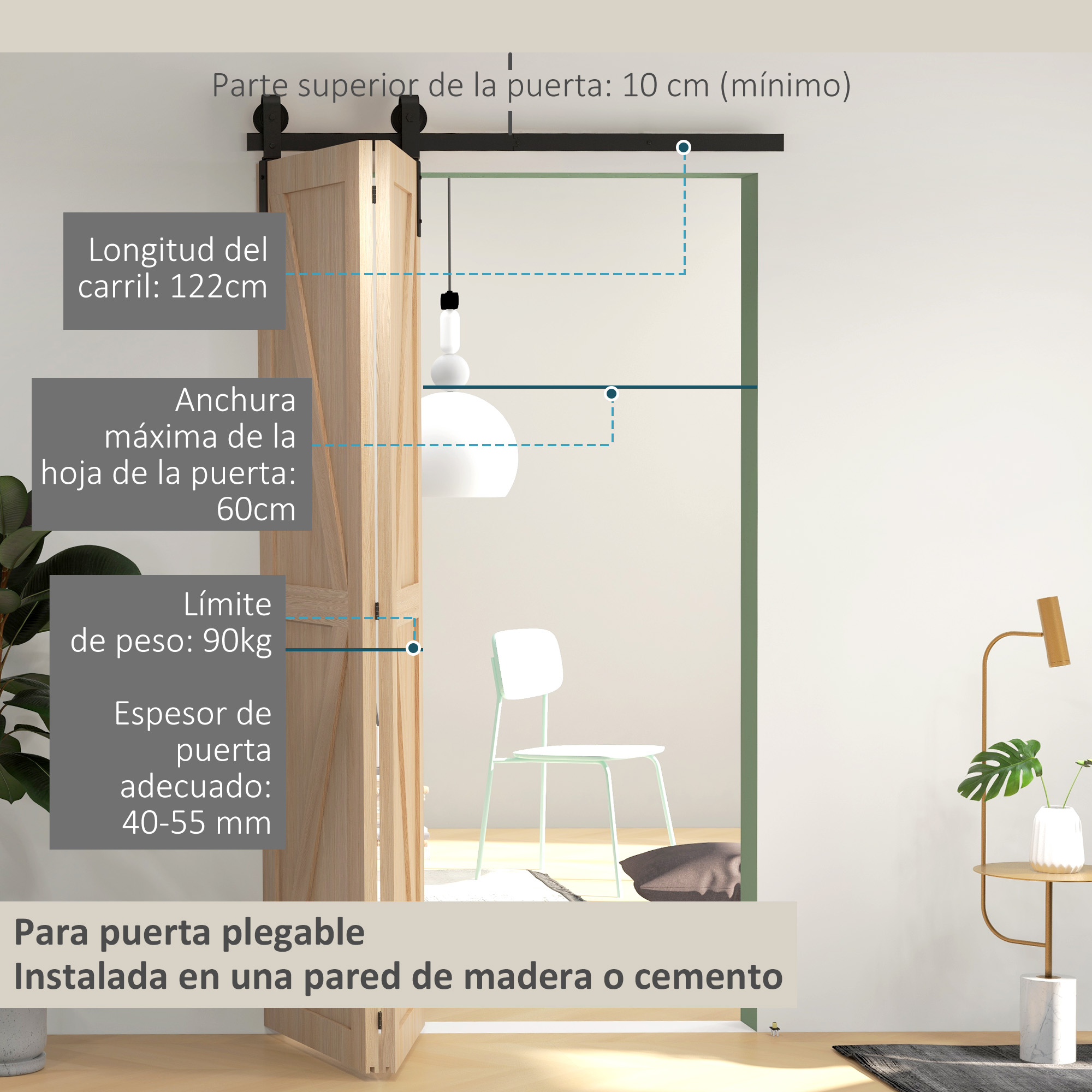 HOMCOM 4FT/122CM Herrajes para Puerta Corredera Plegable para 2 Puertas Negro