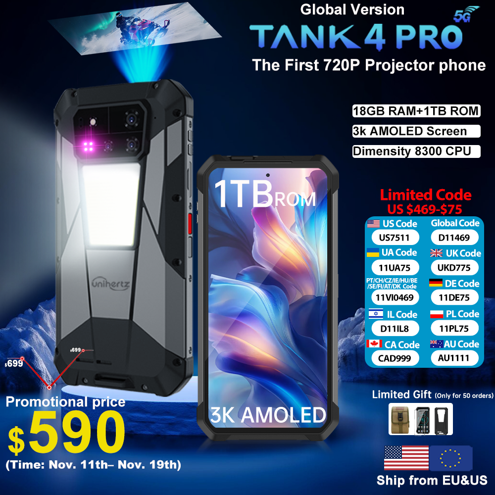 【Estreno mundial】Unihertz de 8849 Tank 4 pro Smartphone 5G con proyector 720P Dimensidad 8300 36GB+1TB Teléfono móvil 3k AMOLED