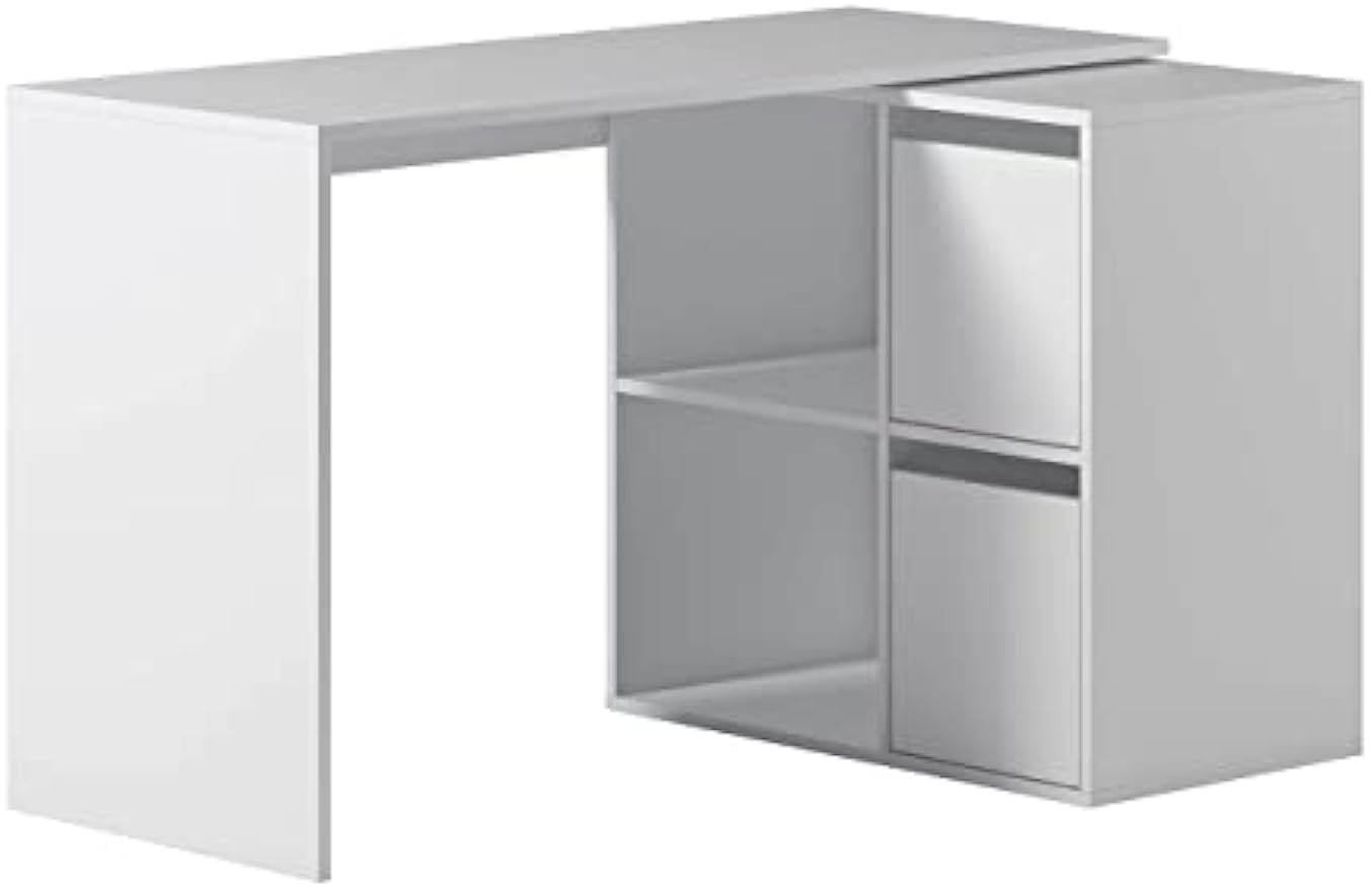 Réductions à durée limitée--LOUNGITUDE - Bureau Angle modulable (4 Positions) avec Rangement L120 cm - Blanc