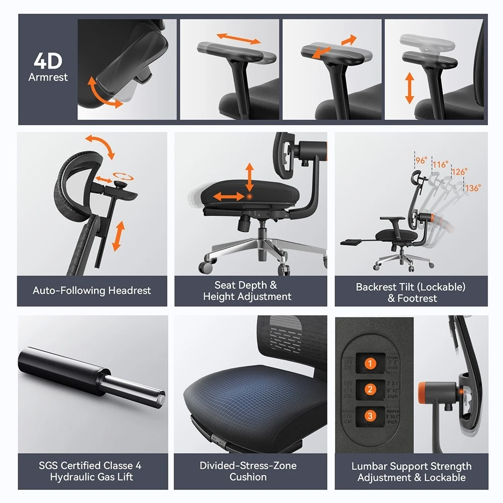 Newtral MagicH-BPro ergonomiczne krzesło Auto-Follow podnóżek podparcie pleców krzesło biurowe regulowany podłokietnik zagłówek podnóżek, siatka 4D