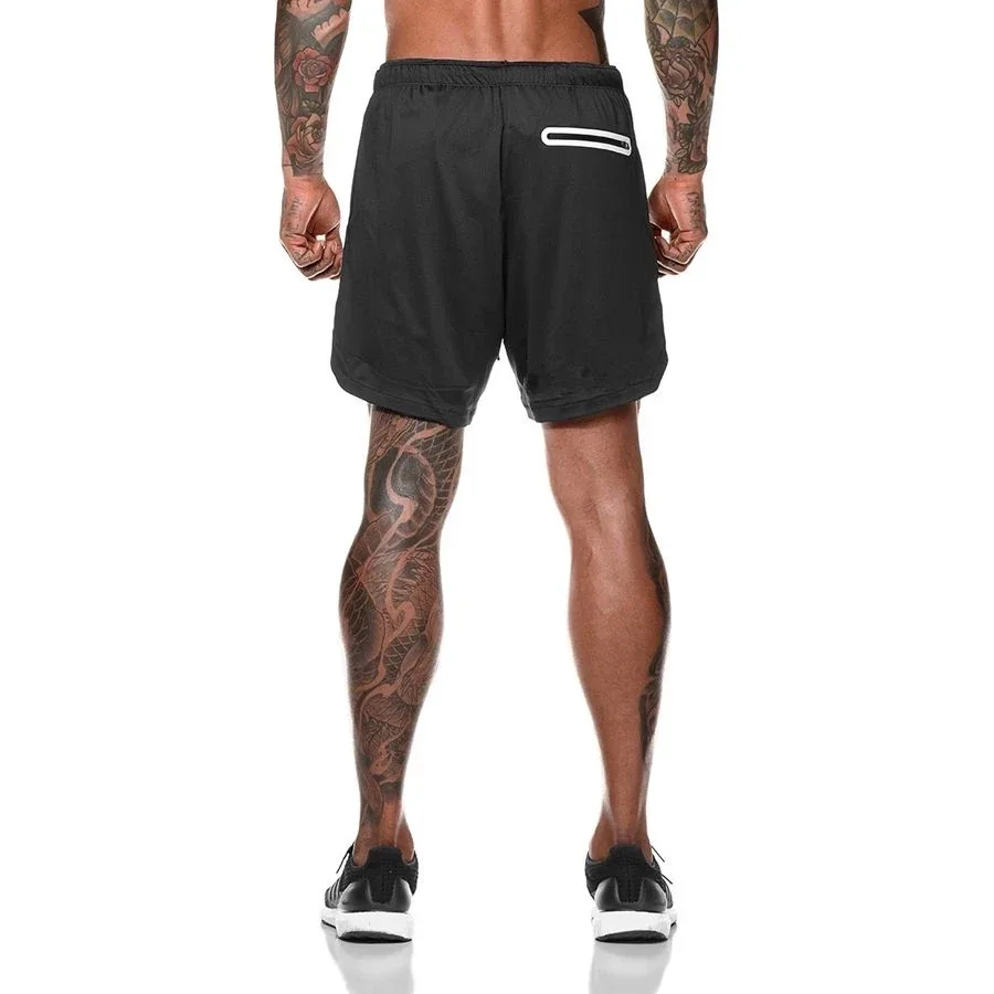 Men Fitness Built-in pocket sports Shorts Summer 2 In 1 Quick Dry Gym Beach shorts Running Double-deck Shorts mesh sweatpants