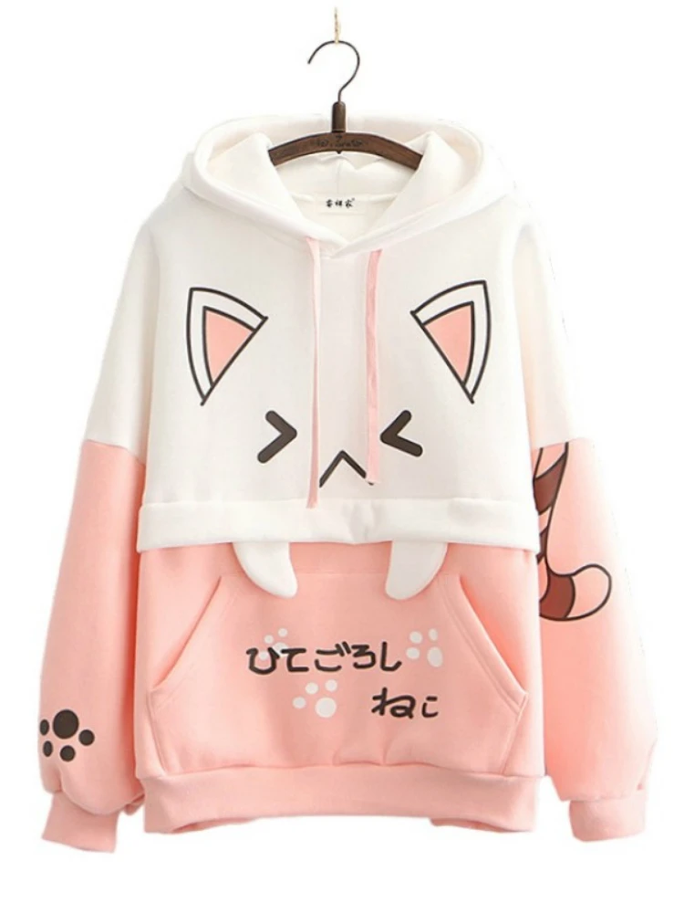 Harajuku Kawaii Hoodies Anime Baumwolle Fleece Sweatshirt Katze gedruckt Kapuze süße Top Frauen Winter dicke warme y2k Mädchen niedlichen Mantel
