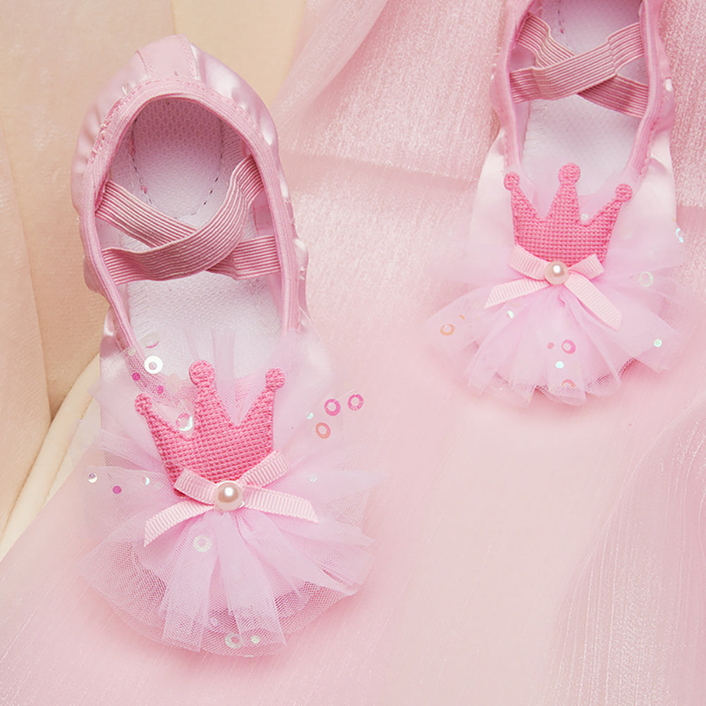 Zapatos de Ballet para niños, zapatos de Ballet de encaje con corona de satén para baile profesional para niñas, zapatos de princesa de entrenamiento profesional de suela suave