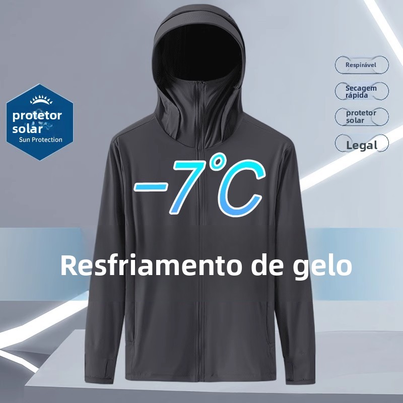 Roupa de Proteção Solar com Capuz em Seda Gelada para o Verão, Proteção UV, Moda Masculina para Pesca, Sem Marca