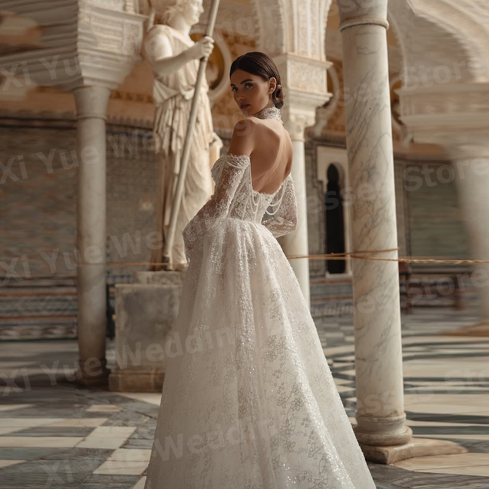 Sparkling A Line Women's Wedding Dresses Long Sleeve Lace Appliques Robe De Mariage Bride Gowns Customized Off Shoulder Vestido