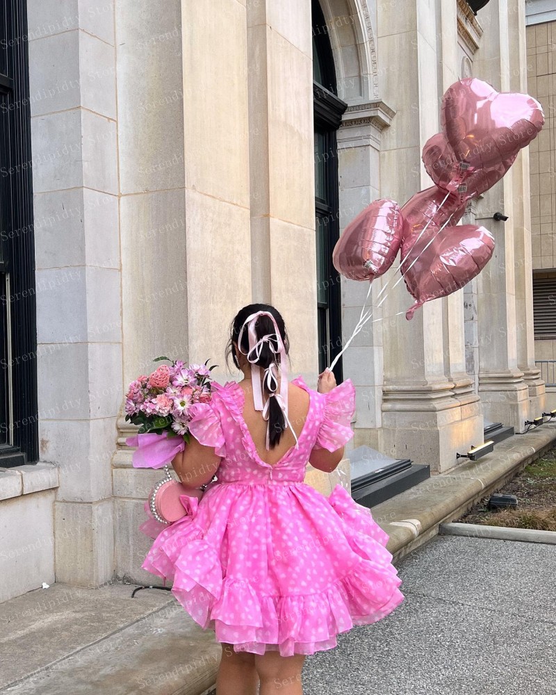 SERENDIPIDTY-vestido de festa manga curta para meninas, vestido de coquetel, decote em v, babados, comprimento mini, em camadas, doce, casual