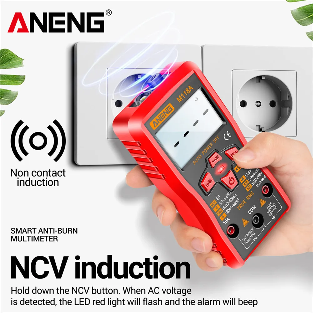 ANENG M118A Mini multímetro Digital probador 6000 recuentos medidor de Tranistor de valores eficaces verdaderos automático con linterna de retención de datos NCV