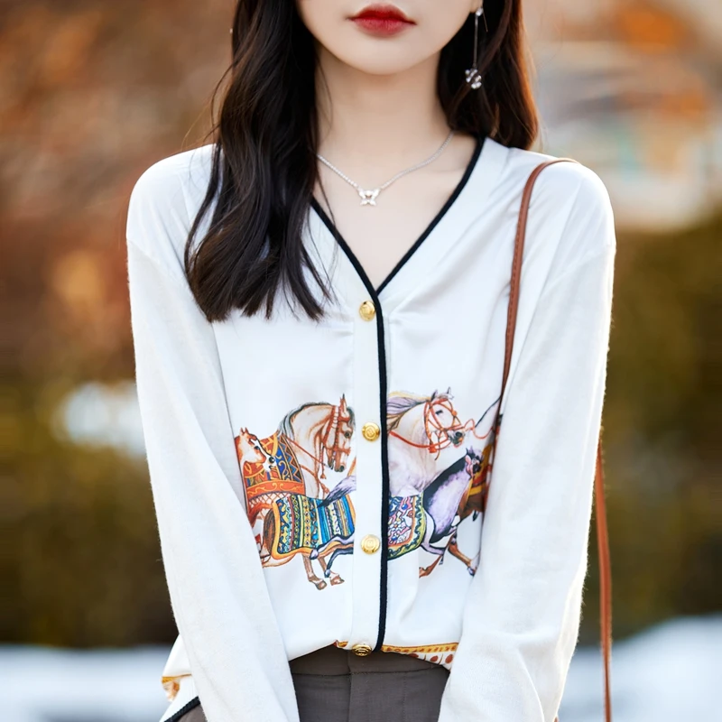 Spring And Autumn New Wool Coat Jacket Women's Long Sleeve Wide V-Neck Printed Stitching Sweater Thin Cardigan