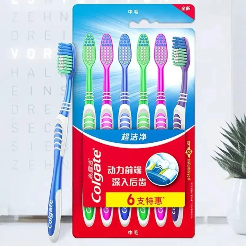 Colgate Set di 6 spazzolini da denti, colori casuali: setole medie morbide e fini, viaggi e uso domestico, pulizia dei denti posteriori per uomini e donne Fami