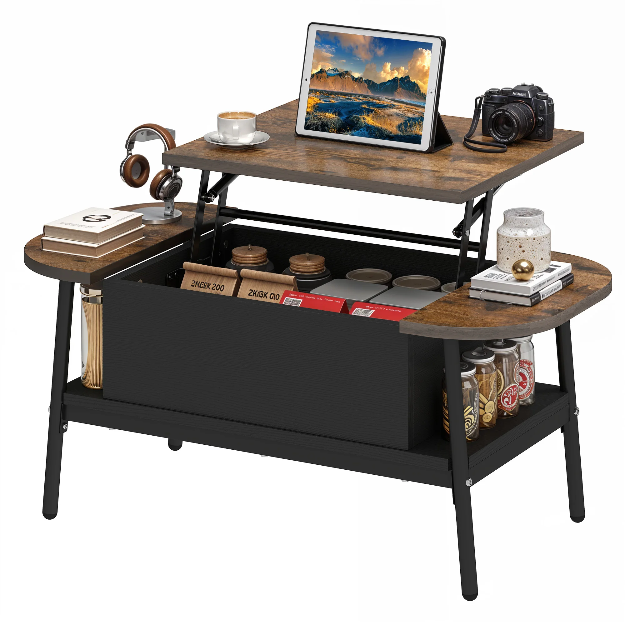 YITAHOME 100 x 50 x 42 cm elliptischer Couchtisch mit Hubplatte – versteckter Stauraum für Wohnzimmer, Heimbüro