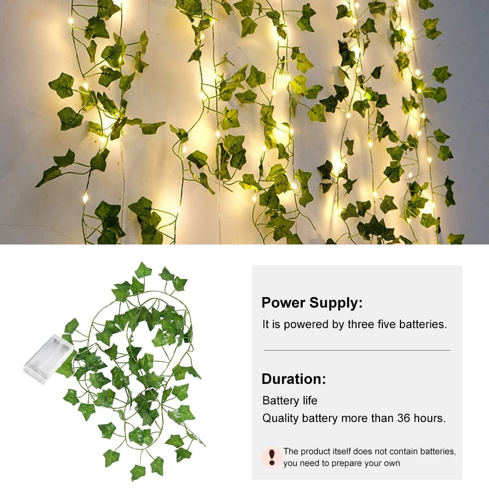 2Meter Atrificial Ivy Vine LED String Lights 20 Bulbs Green Leaf Fairy String Light Weeding Paty Decor Christmas Home Wall Plant