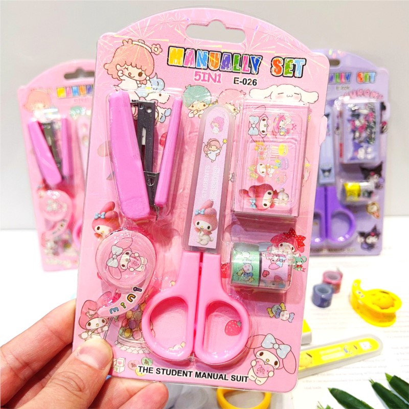 Juego de papelería de dibujos animados Kuromi Kitty, combinación de cinta grapadora, suministros escolares para estudiantes, máquina de encuadernación de libros para el hogar, grapadora