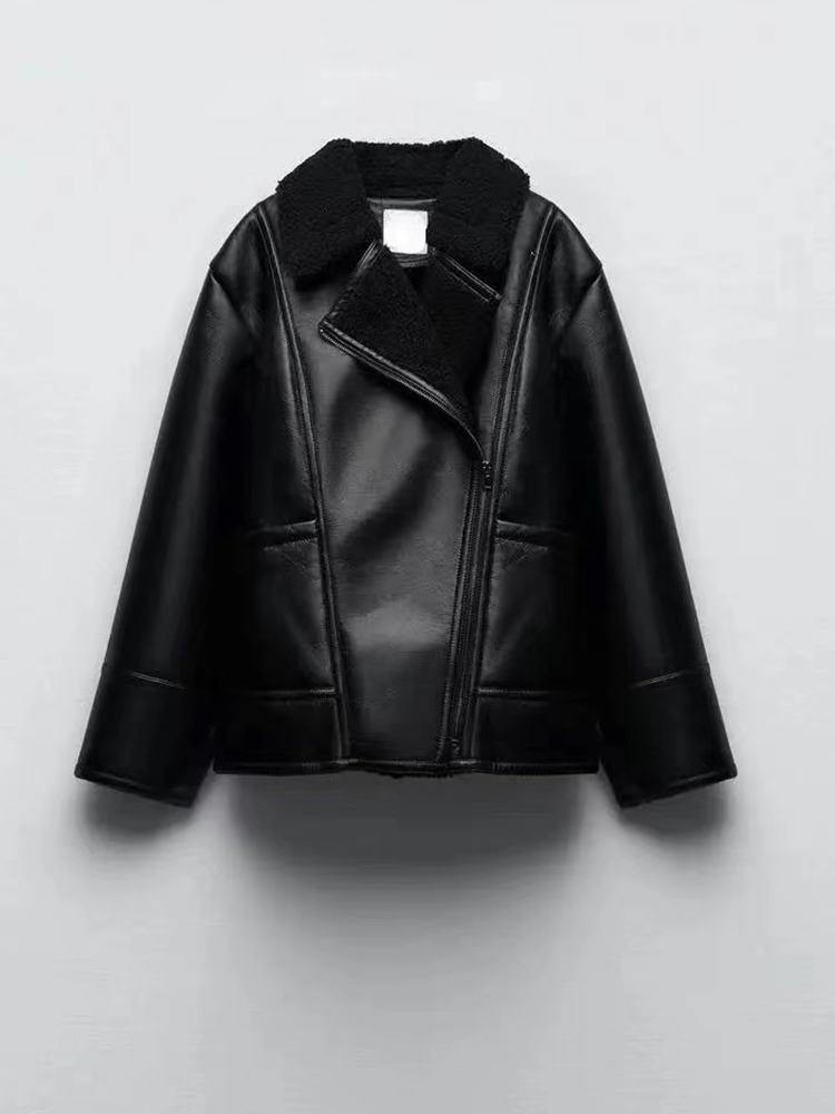 フェイクレザー女性暖かいフリースジャケット 2023 冬のファッションレディースルーズ黒アウターカジュアル女性ストリートコートシック