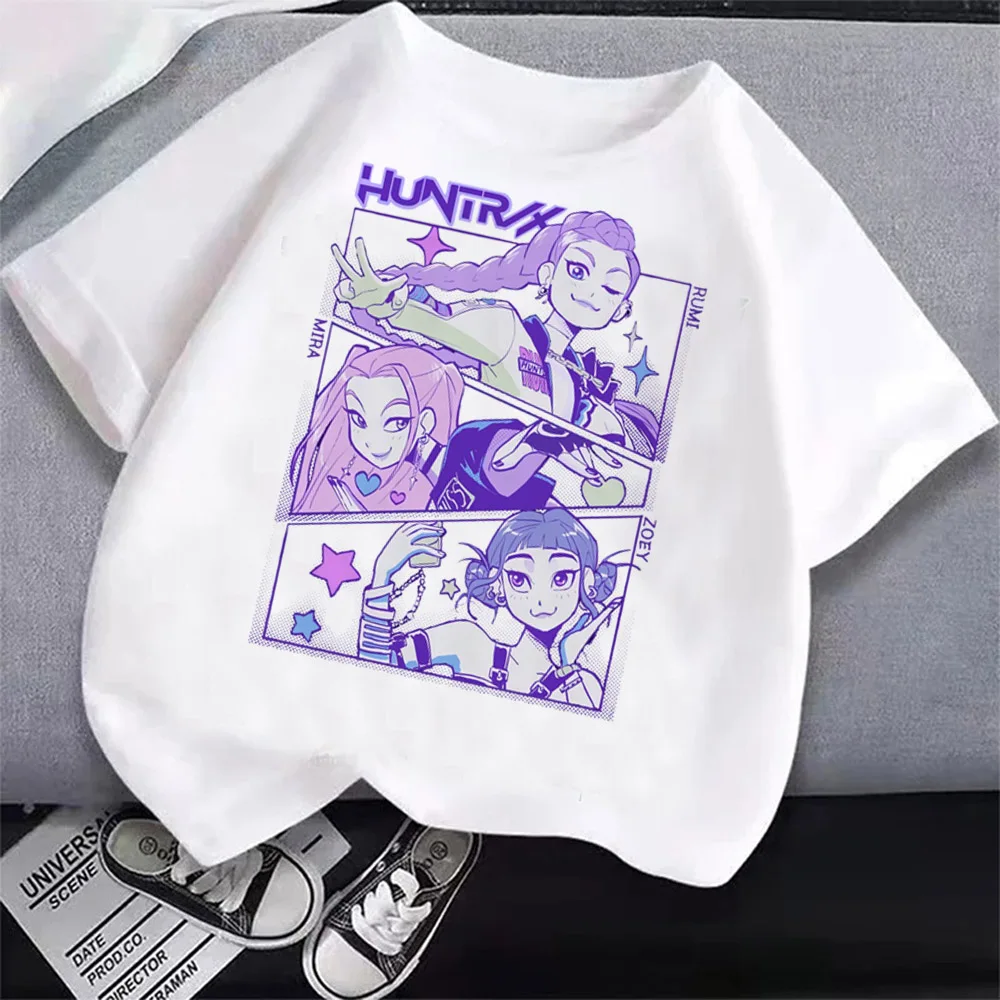 Camiseta KPop Demon Hunters para niños, ropa con estampado de Meme de dibujos animados de Anime, camisetas básicas con cuello redondo para niños, camisas informales