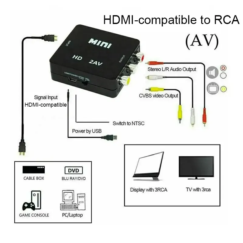 HDMI-compatible To AV RCA Adapter Converter MINI Box RCA AV CVSB LR Video Composite AV Scaler Converter For PC HDTV Projector