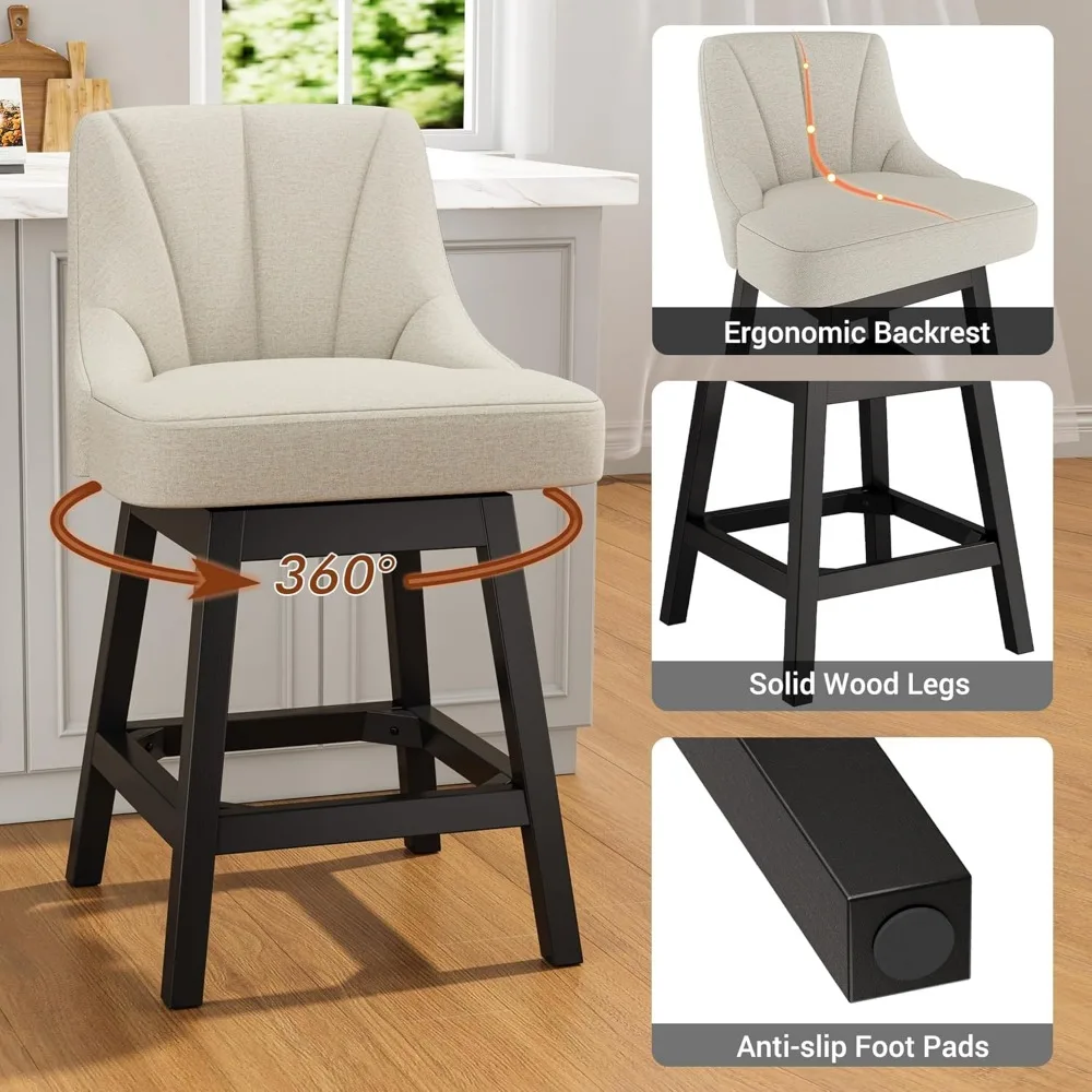 Swivel Bar Stools with Backs, 26" Counter Height Bar Stools Set of 2, Linen Fabric Extra Upholstered Counter Barstools with Squa