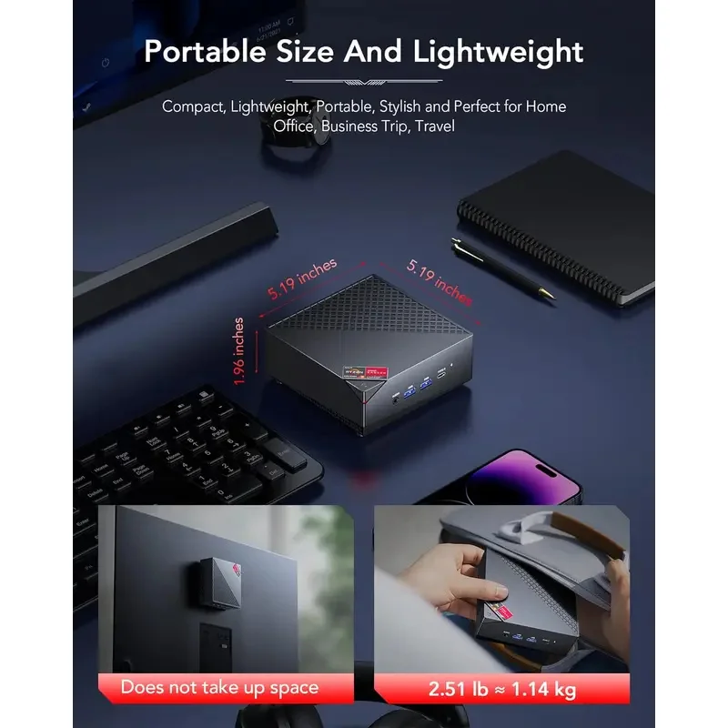 Mini PC AMD Ryzen 5 5500U Mini Tower PC 16GB DDR4 512GB M.2 2280 NVME SSD Mini Desktop Computer Dual Ethernet HDMI/Type-C/Wifi5