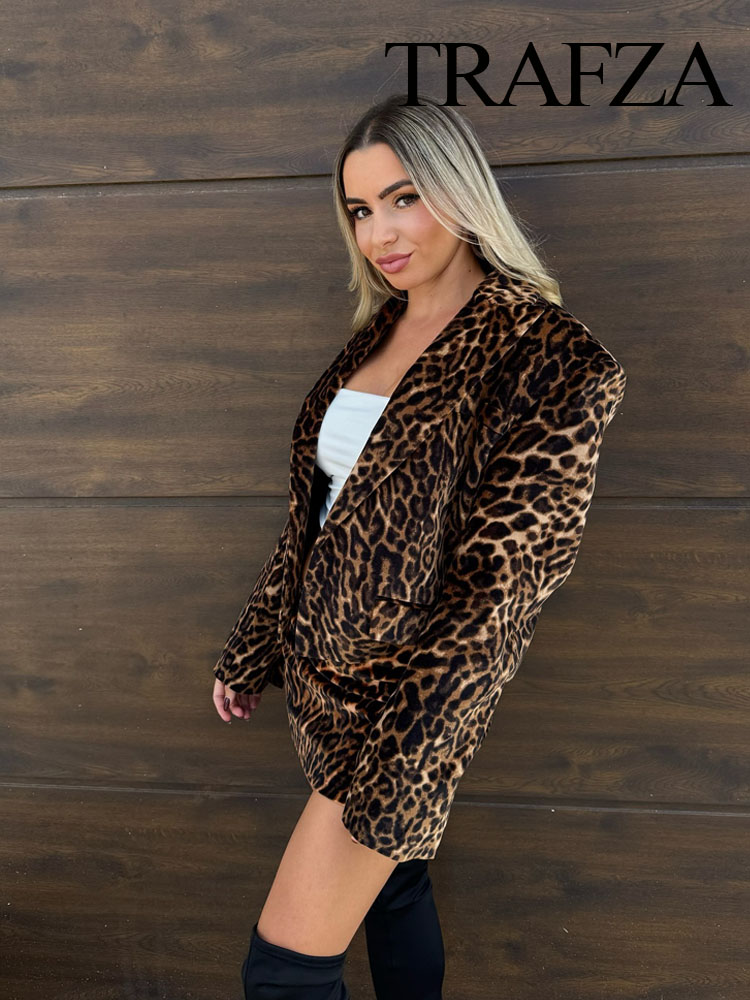 TRAFZA-Conjunto de 2 piezas para Mujer, estampado de leopardo, bolsillo con solapa, abrigo corto ajustado informal + minifalda ajustada con cremallera lateral de cintura alta para Mujer