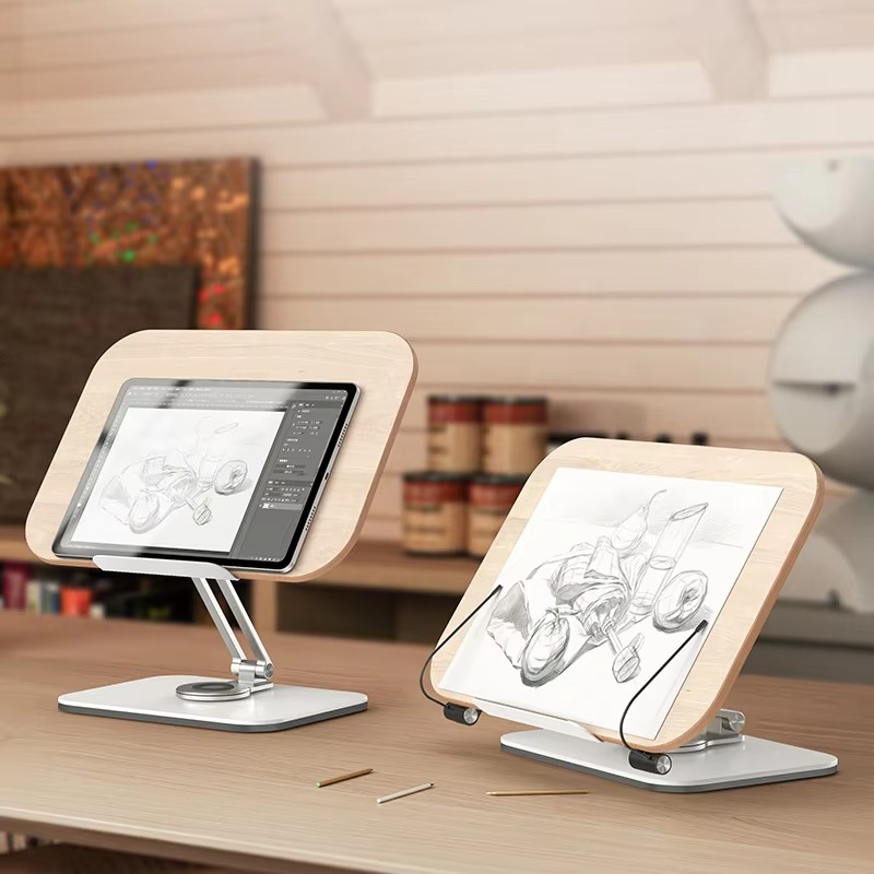 ที่วางหนังสือตั้งโต๊ะสําหรับอ่านหนังสือ 360 °   แผงไม้ฐานหมุนและคลิปหน้าพับได้และมุมสําหรับผู้ถือหนังสืออ่านหนังสือ