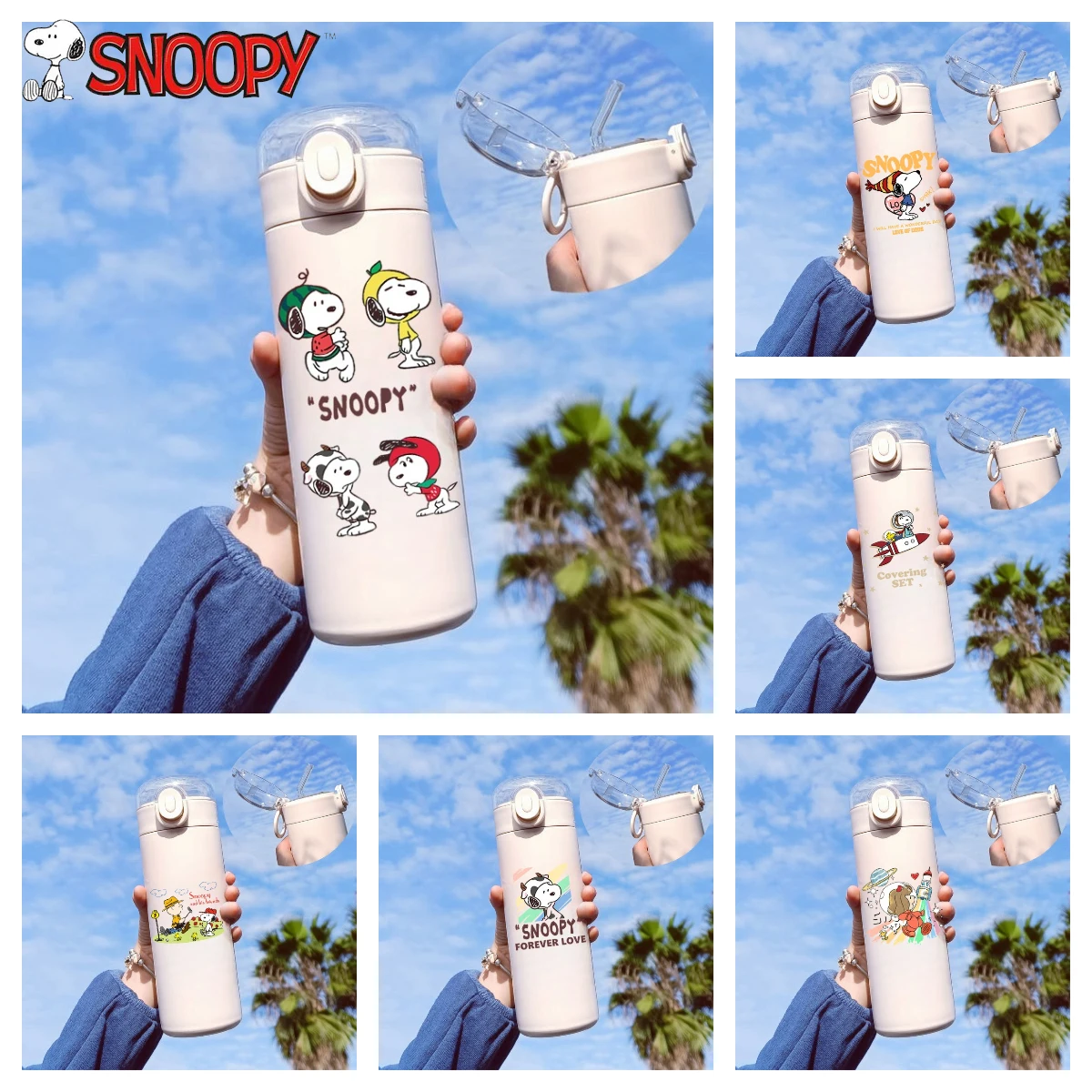 Botella de agua con dibujos animados para niños, termo de Snoopy de gran capacidad, portátil, al vacío, con aislamiento, 420ML