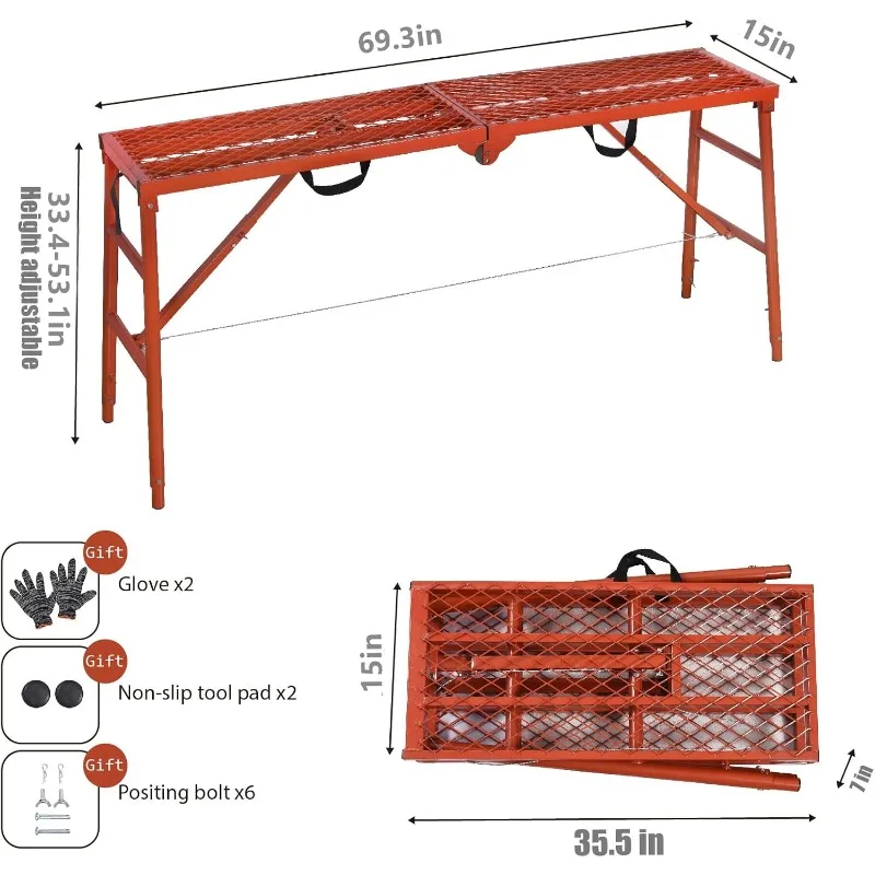 Scaffolding Platform 70(L) X15(W) X33(H) 770 Lbs Capacity Portable Adjustable Work Platform Scaffolding Ladder for Stairs,Red