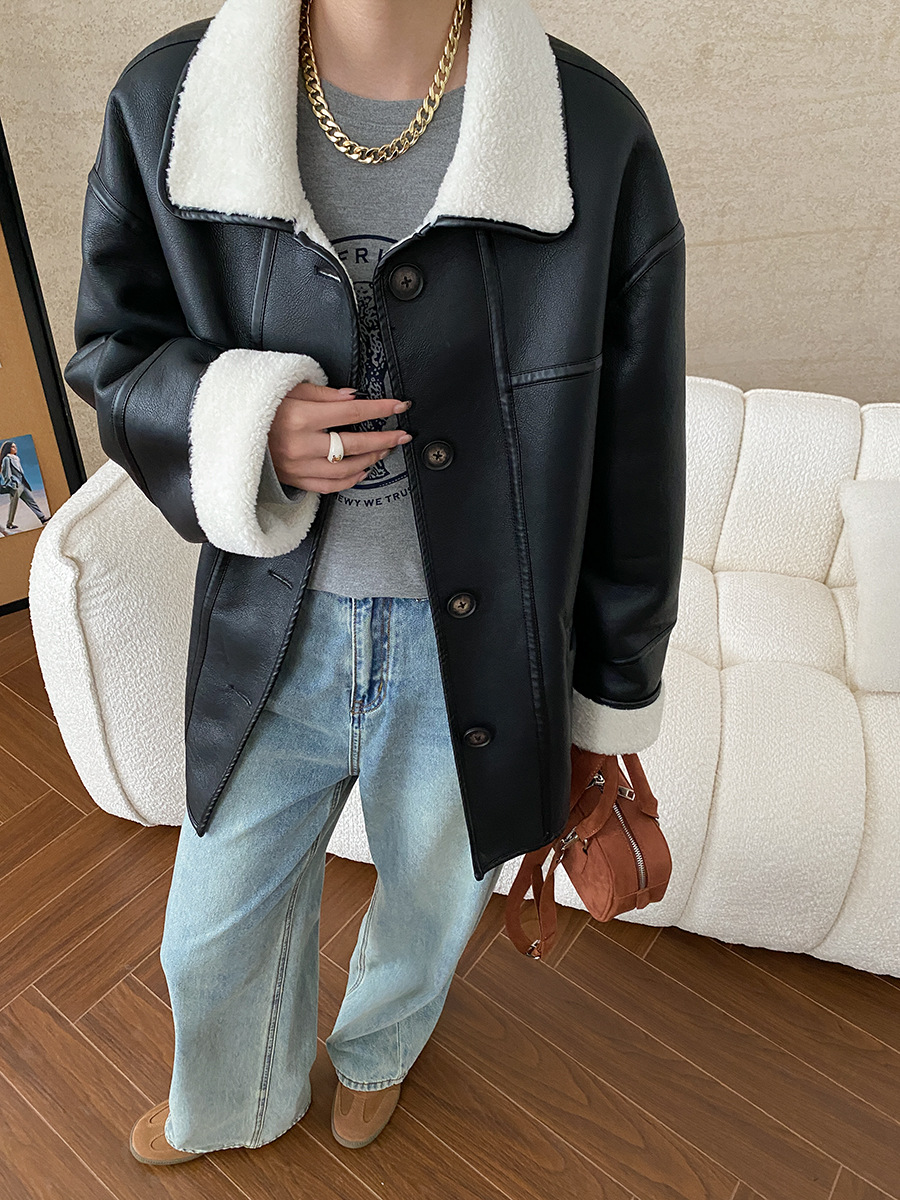 Winter women's casual solid color lapel long sleeved loose fur one-piece jacket