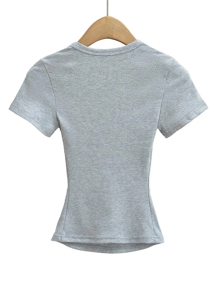 Top corto estivo ad alta elasticità con collo quadrato, camicia base pullover slim fit da donna a maniche corte