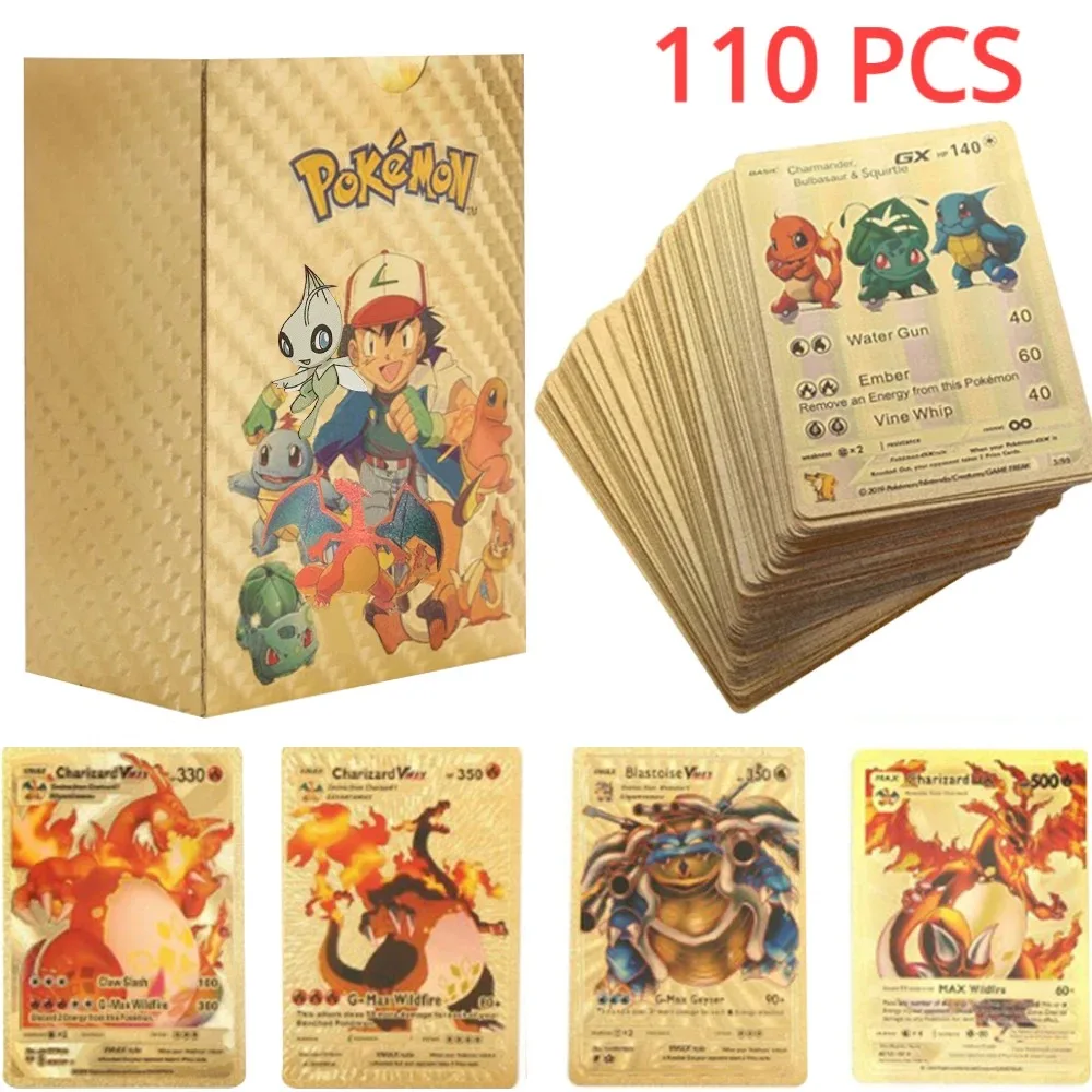 55PCS Pokemon สีสันทองฟอยล์การ์ด Charizard Pikachu Arceus เพชรสายรุ้งภาษาอังกฤษฝรั่งเศสคําเยอรมันสเปน VSTAR GX การ์ด VMAX