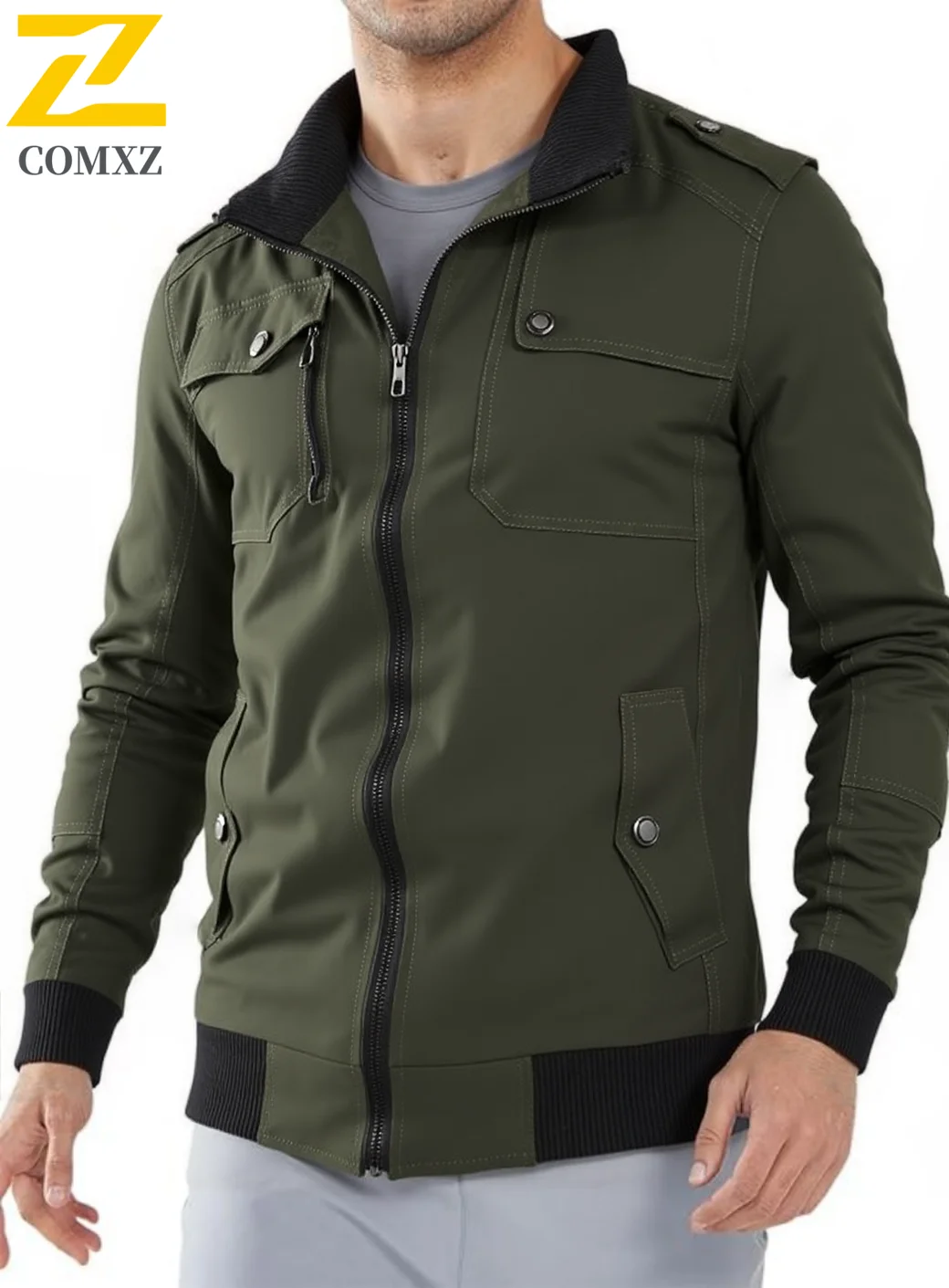 Chaqueta de algodón con cremallera completa de Color sólido para hombre, abrigo ligero de otoño de talla grande con cuello levantado, ropa de abrigo informal con múltiples bolsillos