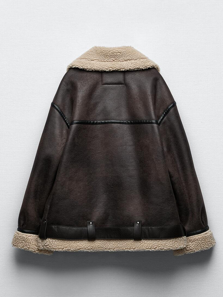 Ailegogo 秋冬女性フェイクラムファー厚く暖かいジャケットベルトストリート女性ジッパールーズモトバイカーコート生き抜く