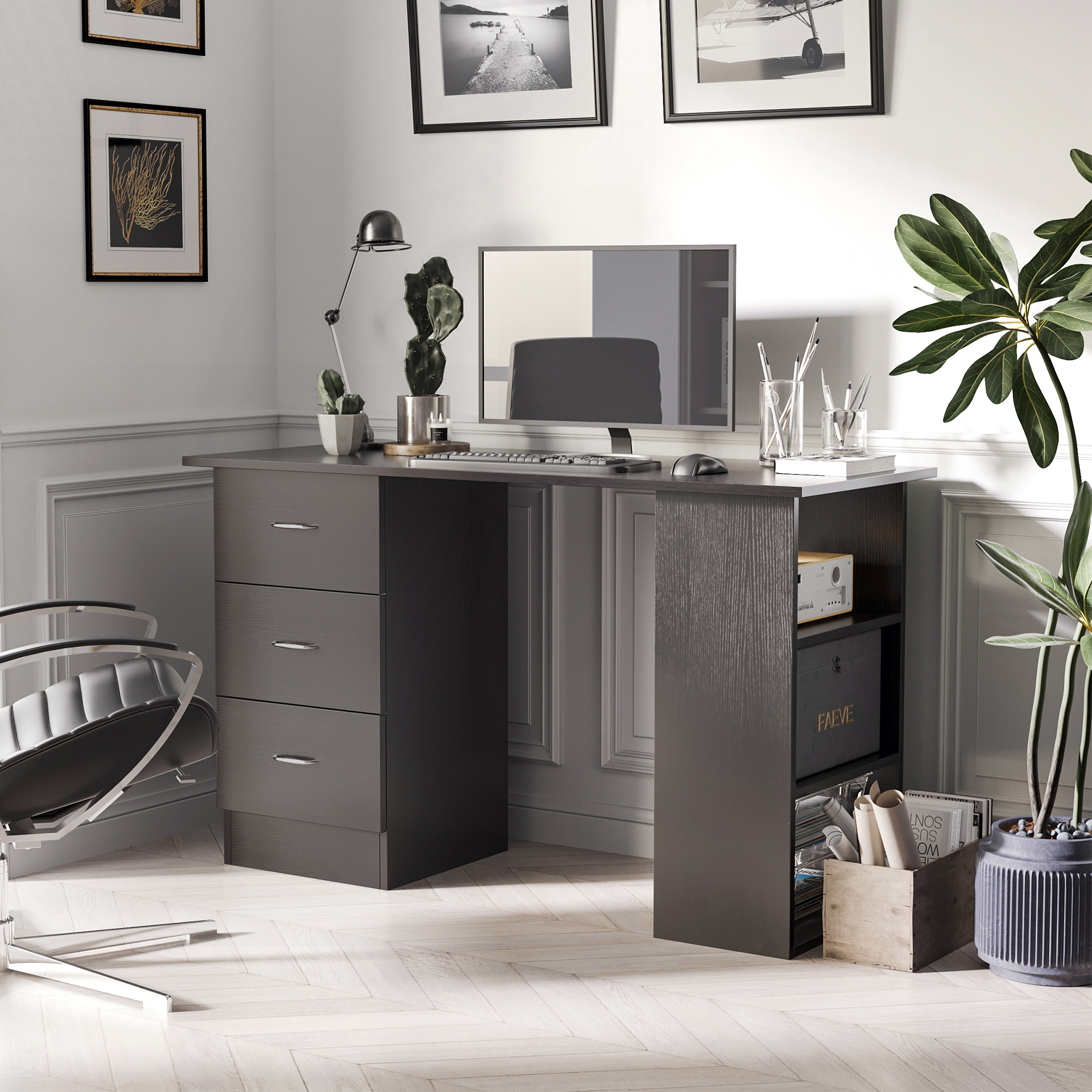 HOMCOM 120cm Computer Desk PC Table Workstation w/ 3 Shelf & Drawers Black