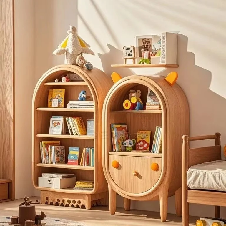 Montessori Wooden Book Display Shelf with Snack Rack - Curved Kids Bookshelf for Bedroom & Playroom (Natural Beechwood
