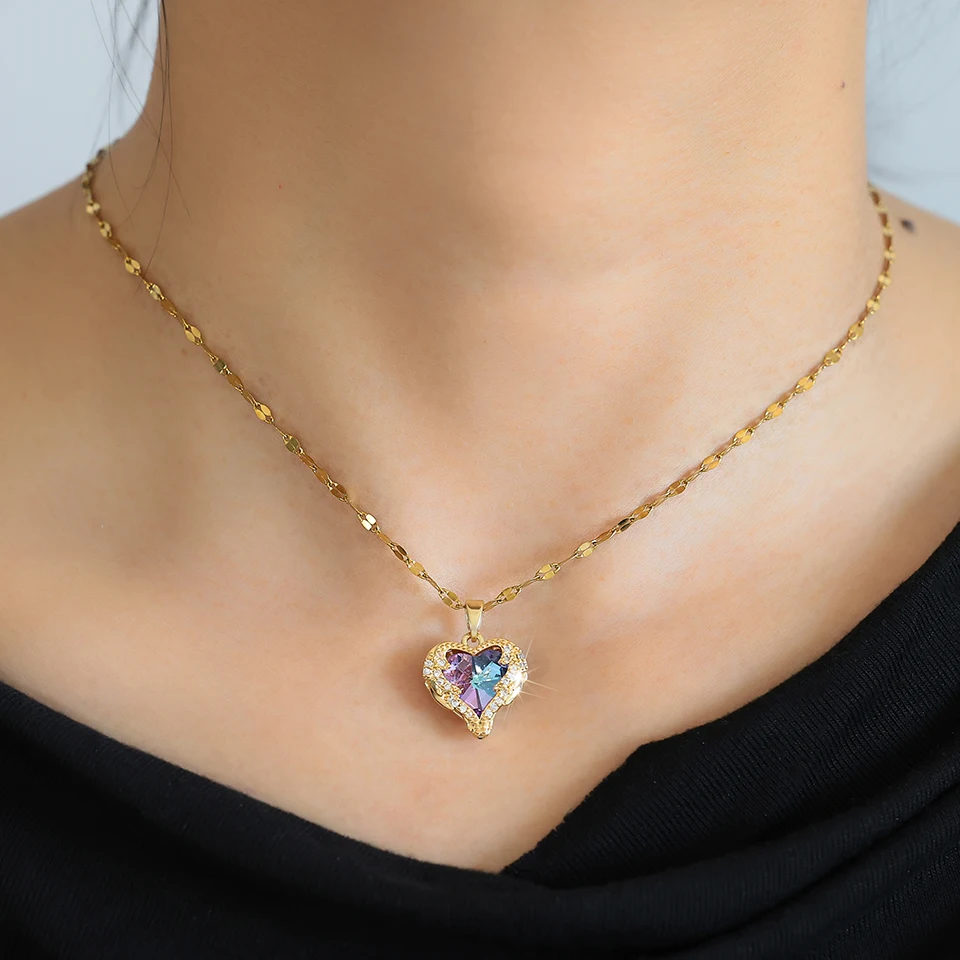 ZAKOL splendida collana con ciondolo a forma di cuore d'amore con zirconi colorati per le donne regalo di gioielli con catena al collo in acciaio inossidabile di moda